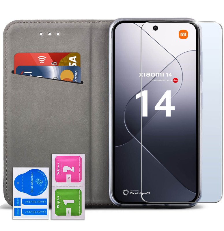 Etui do Xiaomi 14 czarne magnetyczne zamykane ze szkłem, pokrowiec, kabura, case, z klapka, smart magnetic