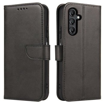Etui do Samsung Galaxy A05s skórzane z klapką czarne ze szkłem