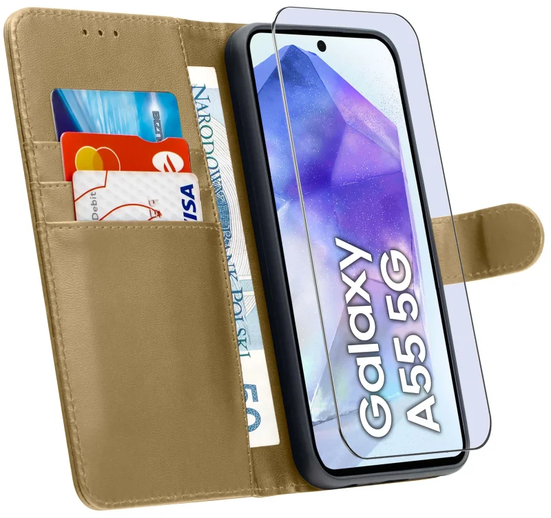 case-do-samsung-galaxy-a55-zlote-magnetyczne-z-klapka-ze-szklem