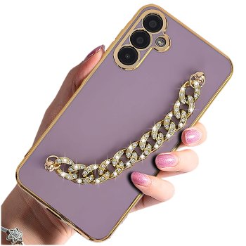 Etui do Samsung Galaxy A15 z łańcuszkiem wzór 4 fioletowe ze szkłem