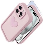 Etui do Iphone 14 Pro silikonowe serce jasnoróżowe ze szkłem