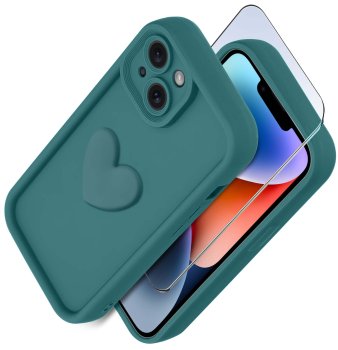 Etui do Iphone 13 / 14 silikonowe serce zielone ze szkłem