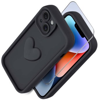 Etui do Iphone 13 / 14 silikonowe serce czarne ze szkłem
