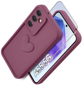 Etui do Samsung Galaxy A55 5G silikonowe serce burgundowe ze szkłem