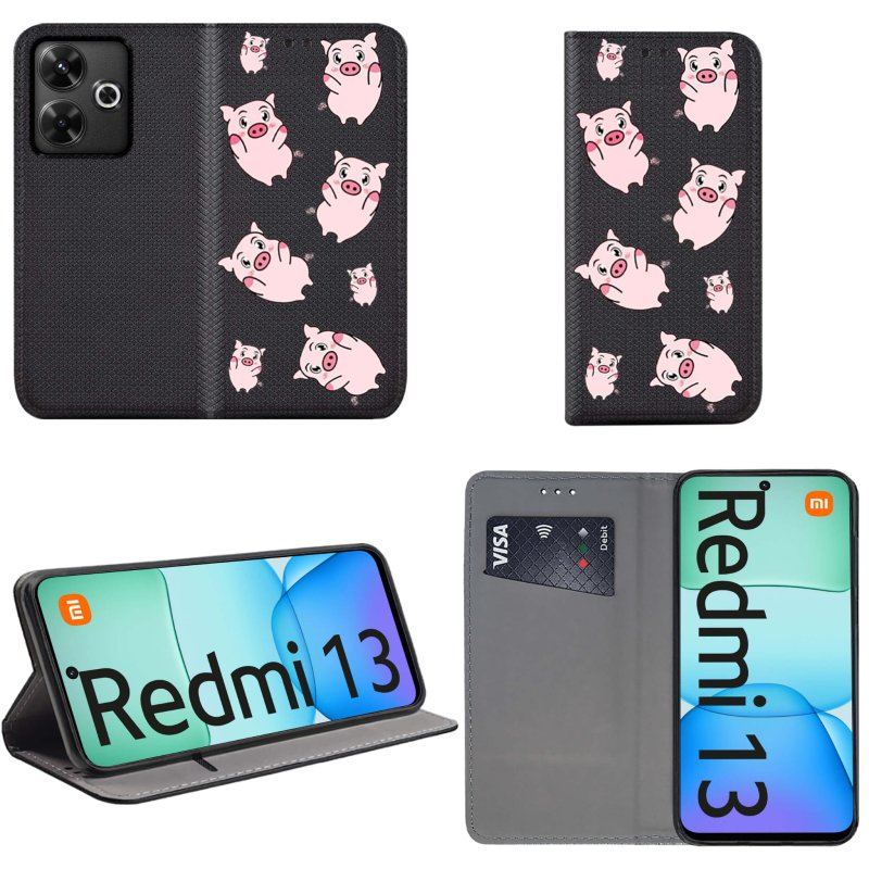 etui-do-xiaomi-redmi-13-4g-zamykane-malowane-wzor-swinki-ze-szklem