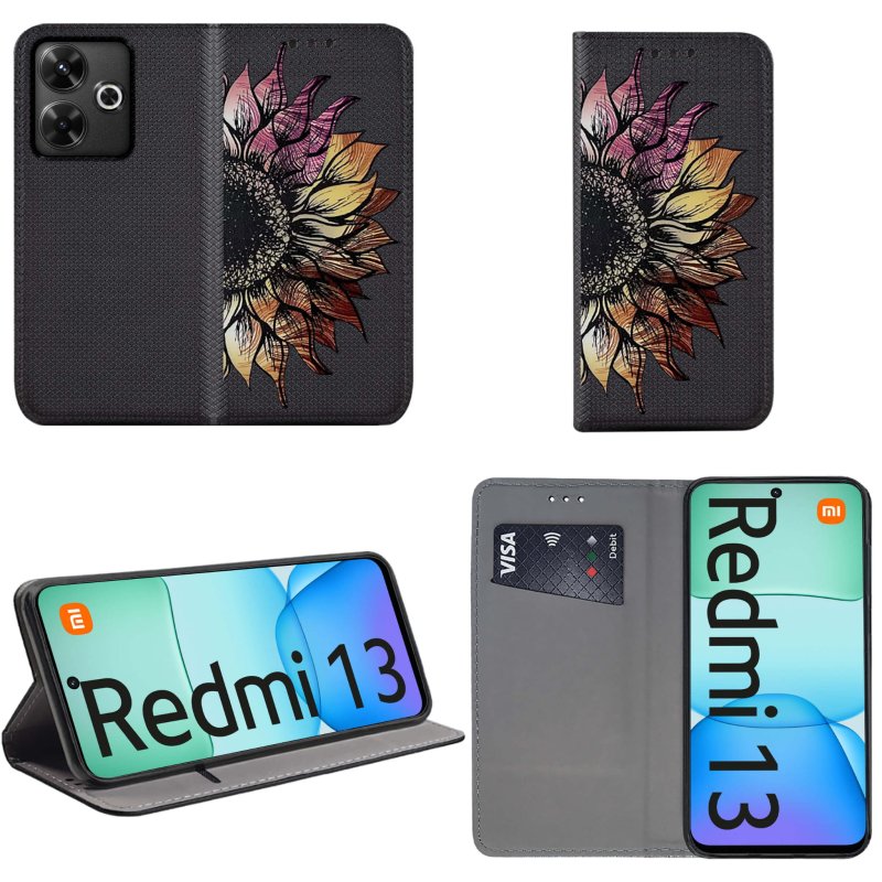 etui-do-xiaomi-redmi-13-4g-zamykane-malowane-wzor-kwiat-ze-szklem
