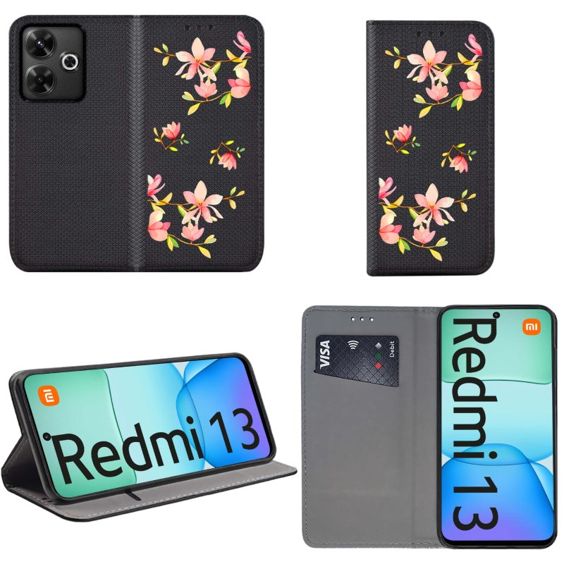 etui-do-xiaomi-redmi-13-4g-zamykane-malowane-wzor-kwiatki-ze-szklem
