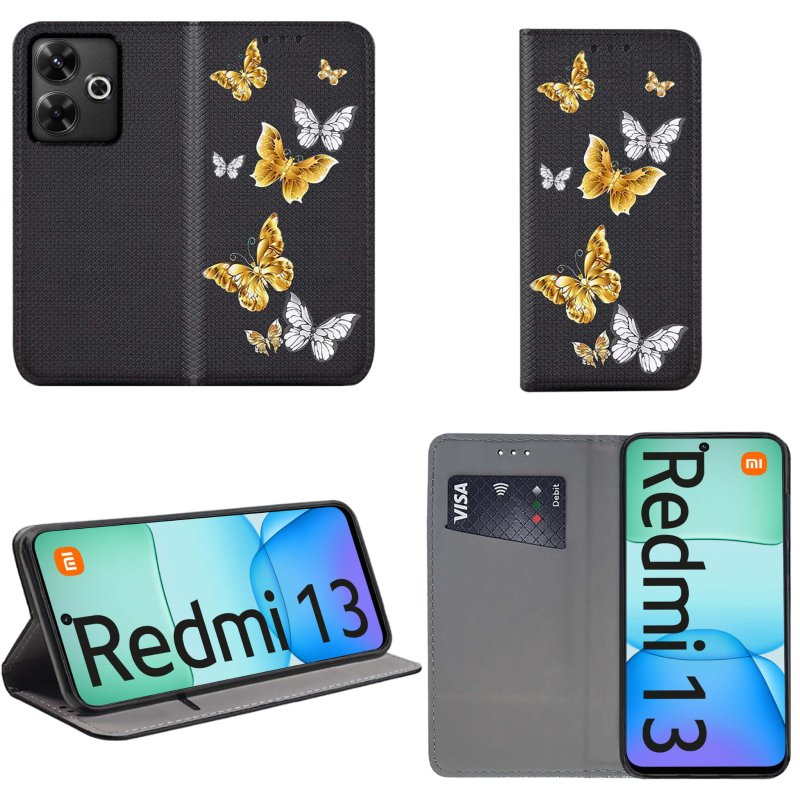 etui-do-xiaomi-redmi-13-4g-zamykane-malowane-wzor-motyle-ze-szklem