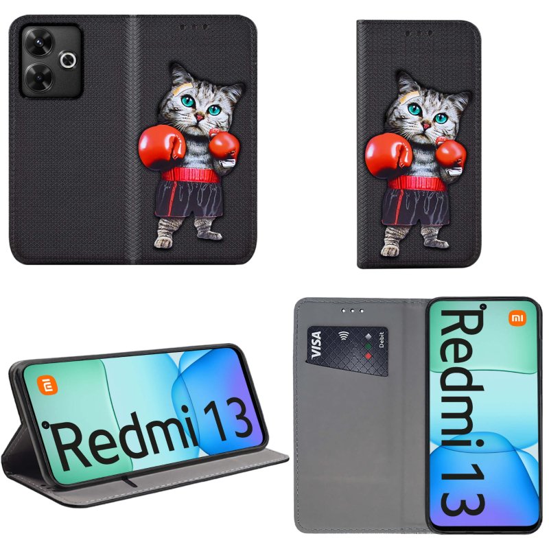 etui-do-xiaomi-redmi-13-4g-zamykane-malowane-wzor-kot-ze-szklem