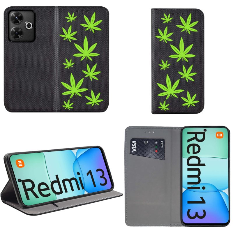 etui-do-xiaomi-redmi-13-4g-zamykane-malowane-wzor-liscie-ze-szklem