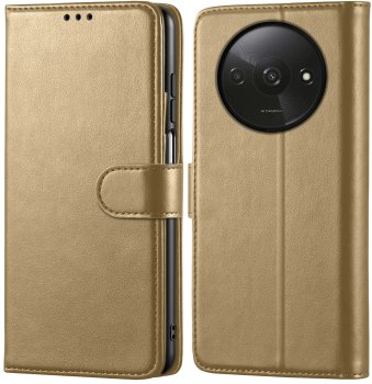 Etui do Xiaomi Redmi A3 złote magnetyczne z klapką ze szkłem