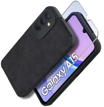 Etui do Samsung Galaxy A15 5G silikonowe skórzane Vintage czarne ze szkłem