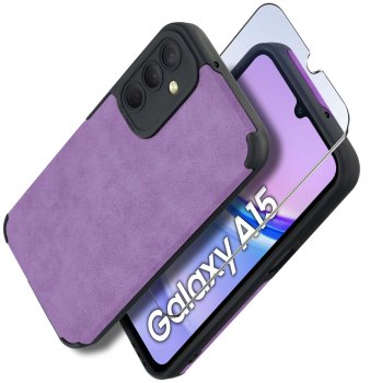 Etui do Samsung Galaxy A15 5G silikonowe skórzane Vintage fioletowe ze szkłem