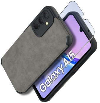 Etui do Samsung Galaxy A15 5G silikonowe skórzane Vintage szare ze szkłem