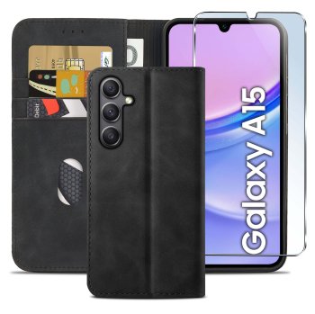 Etui do Samsung Galaxy A15 5G skórzane Velvet zamykane czarne ze szkłem