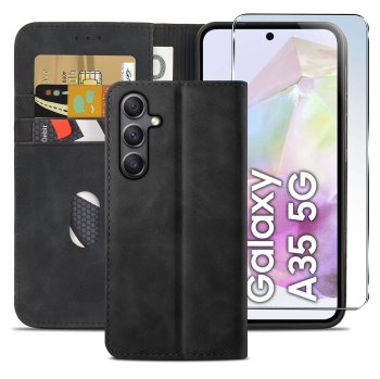 Etui do Samsung Galaxy A35 5G skórzane Velvet zamykane czarne ze szkłem