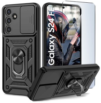 Etui do Samsung Galaxy S24 Fe pancerne ring z osłoną na aparat czarne ze szkłem