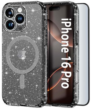 Etui do Iphone 16 Pro magsafe brokatowe czarne ze szkłem