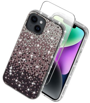 Etui do Iphone 13 / 14 silikonowe diamond fioletowe ze szkłem