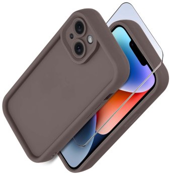 Etui do Iphone 13 / 14 brązowe wzmacniane silikonowe ze szkłem