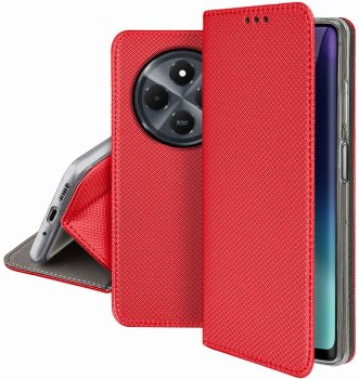 Etui do Xiaomi Redmi 14C czerwone zamykane ze szkłem