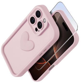 Etui do Iphone 16 Pro silikonowe serce jasnoróżowe ze szkłem