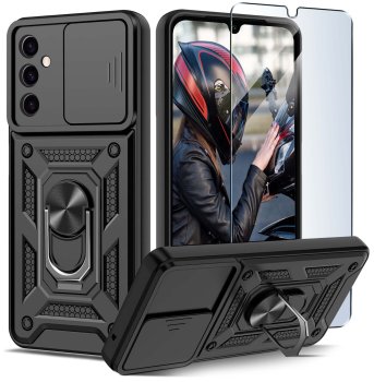 Etui do Samsung Galaxy A16 pancerne ring z osłoną na aparat czarne ze szkłem