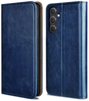 Etui do Samsung Galaxy S24 Fe skórzane zamykane granatowe ze szkłem