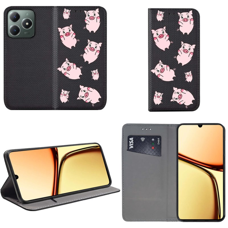 etui-do-realme-c61-c63-zamykane-malowane-wzor-swinki-ze-szklem
