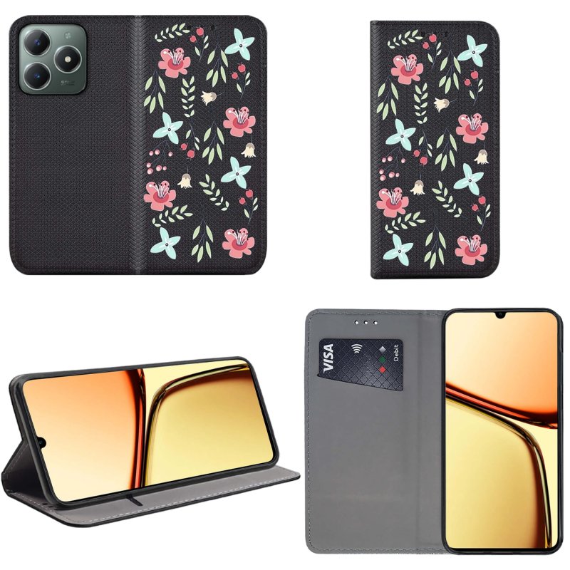 etui-do-realme-c61-c63-zamykane-malowane-wzor-kwiaty-ze-szklem