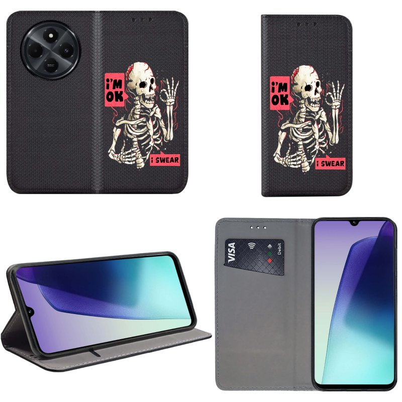 etui-do-xiaomi-redmi-14c-zamykane-malowane-wzor-szkielet-ze-szklem