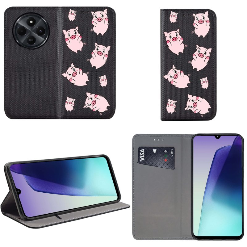 etui-do-xiaomi-redmi-14c-zamykane-malowane-wzor-swinki-ze-szklem
