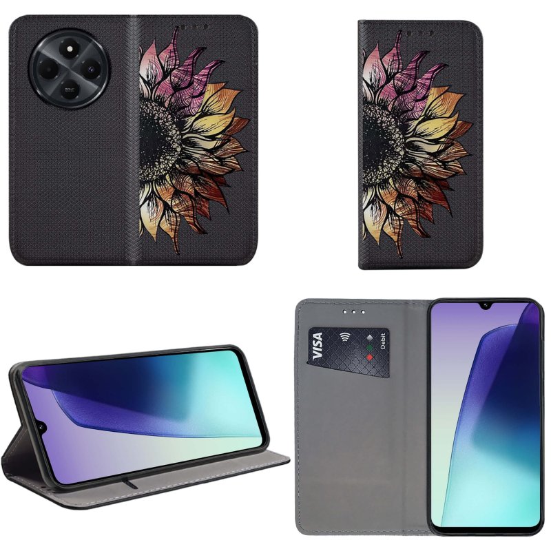 etui-do-xiaomi-redmi-14c-zamykane-malowane-wzor-kwiat-ze-szklem