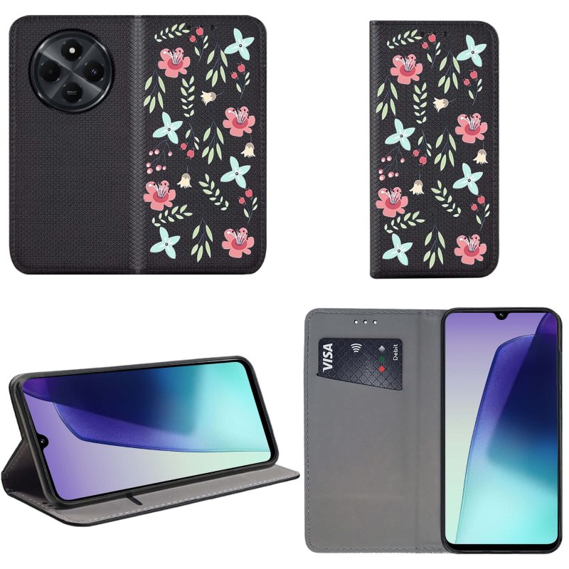 etui-do-xiaomi-redmi-14c-zamykane-malowane-wzor-kwiaty-ze-szklem
