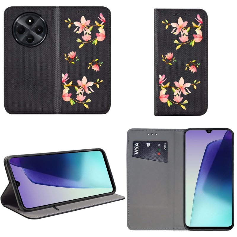 etui-do-xiaomi-redmi-14c-zamykane-malowane-wzor-kwiatki-ze-szklem