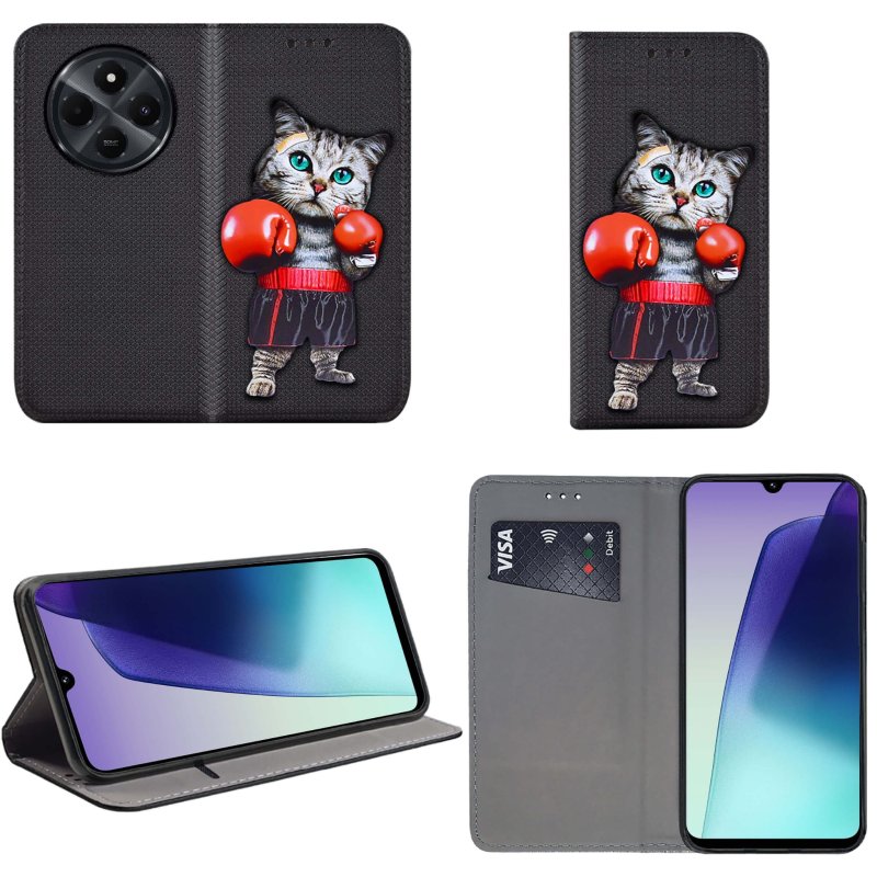 etui-do-xiaomi-redmi-14c-zamykane-malowane-wzor-kot-ze-szklem