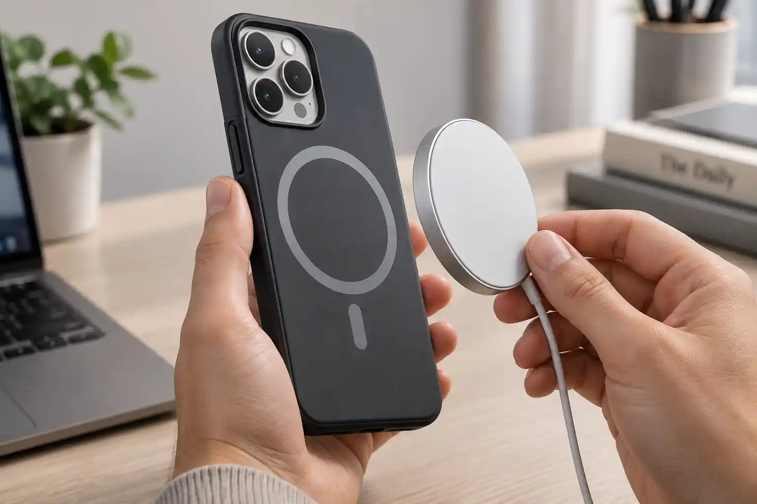 iPhone w etui MagSafe z widocznym pierścieniem magnetycznym i zbliżaną ładowarką bezprzewodową