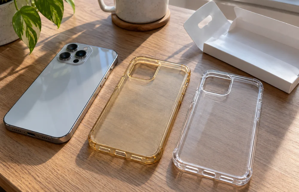 Zżółknięte przezroczyste etui na telefon obok nowego etui